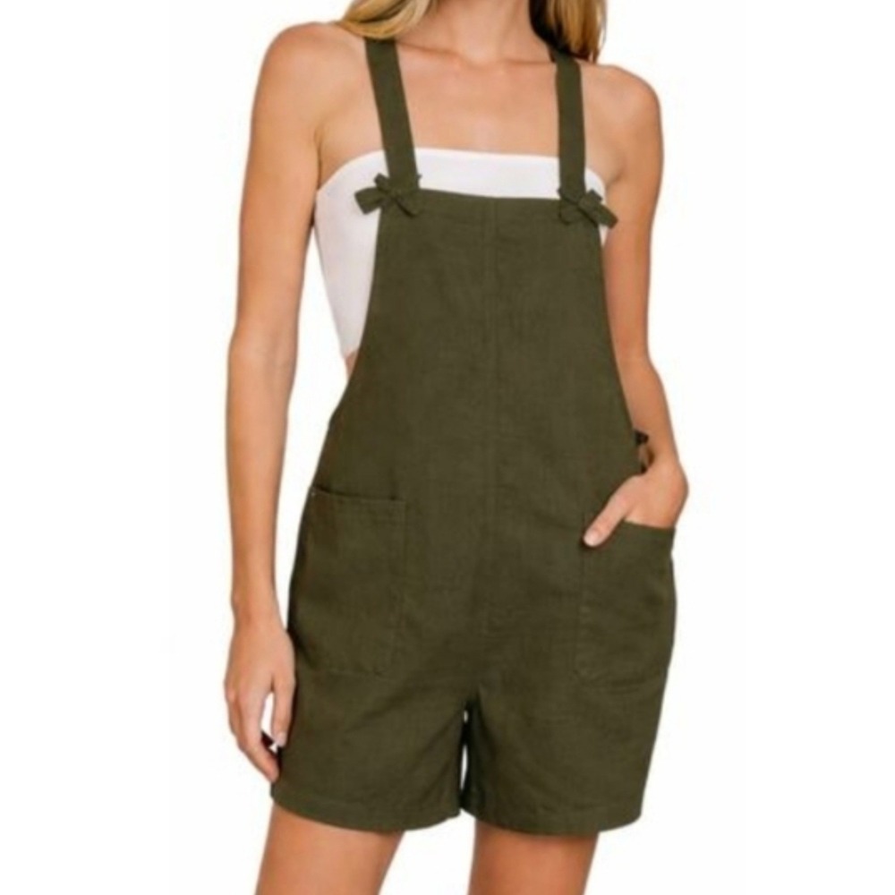 Zenana Ready Or Knot Woven Romper Dark Olive Overall Shorts 7302A5 Large‎